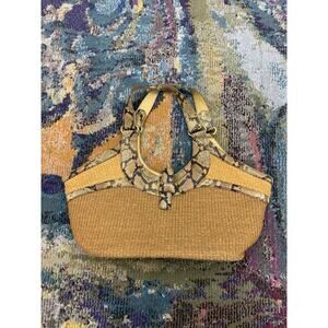 VNTGE BRAHMIN PABLO ISLAND RAFFIA SAND GOLD METALLIC LEATHER TRIM TOTE HANDBAG